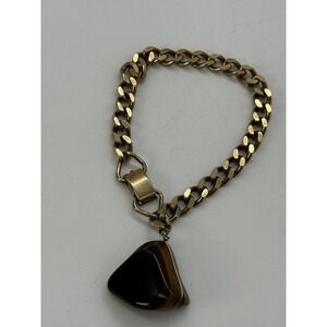 Vintage Chunky Chain Mexico Stone Tiger Eye Charm Bracelet Gold Tone 7.5in 70s